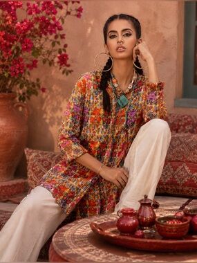Rang Ja Stained Glass Colorful Floral Button Front Tunic Top Lightweight Small
